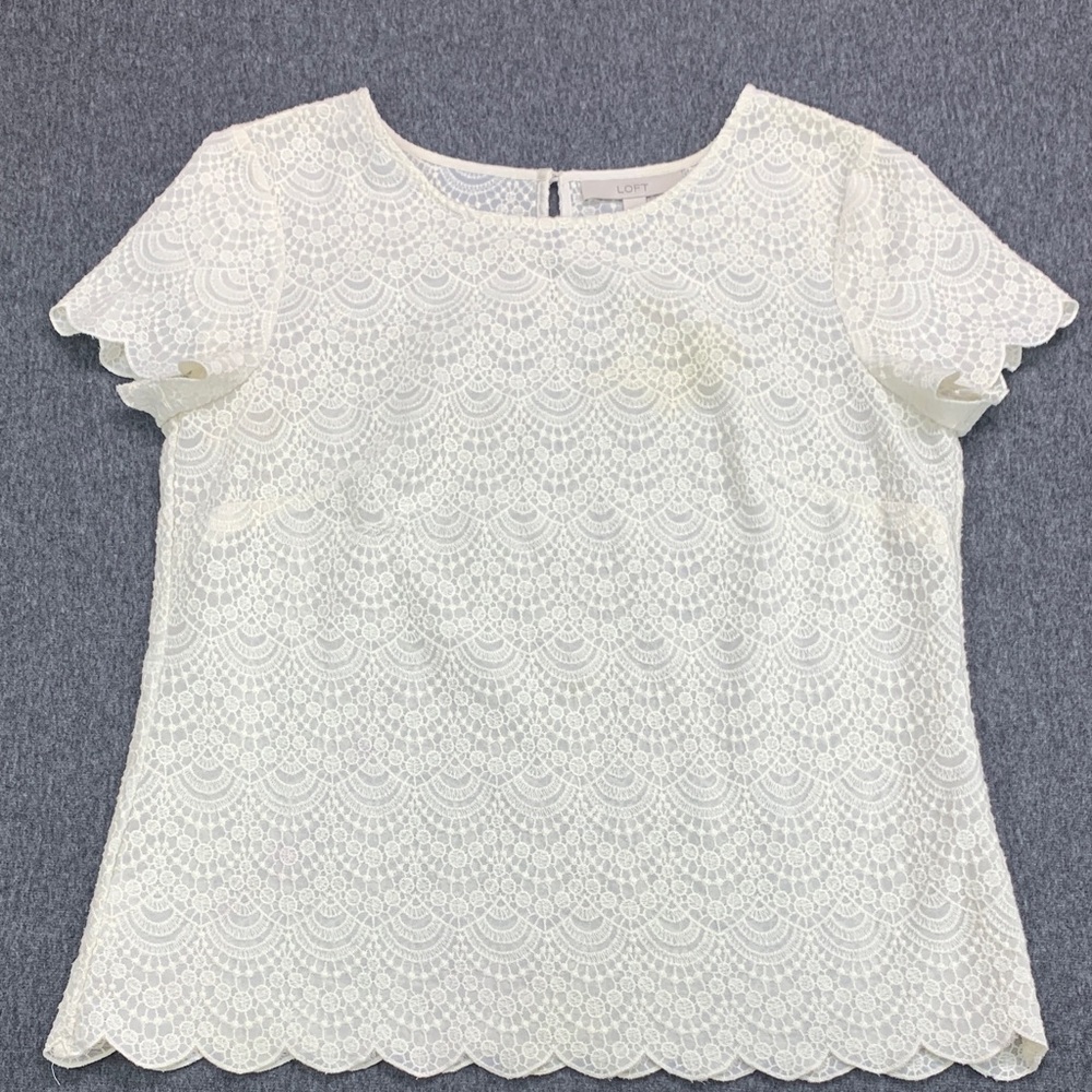 Loft Women's Scalloped Lace Short Sleeve Casual Shirt - Size M